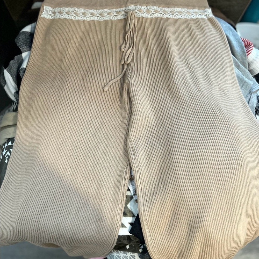 Beige Ribbed Knit Pants with Lace Trim